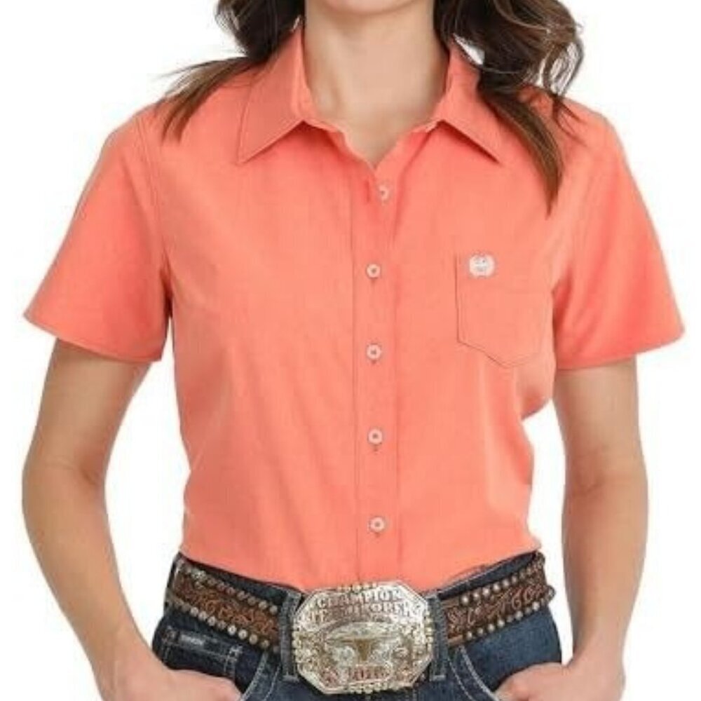 Cinch Women's LG Arenaflex Short Sleeve Solid Button Shirt Coral MSW9162001